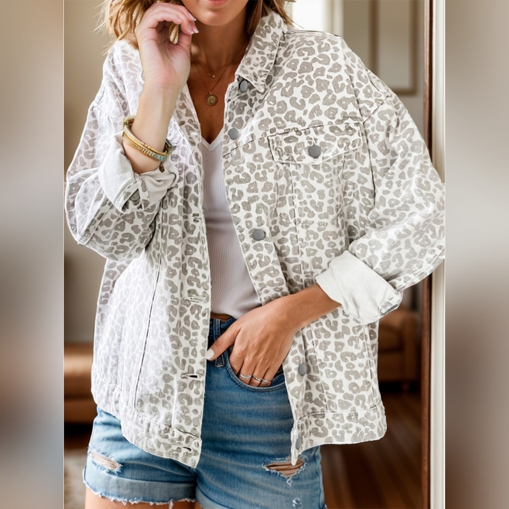 Snow Leopard Print Denim Jean Jacket Button Front Classic Collar Mobwife Glam